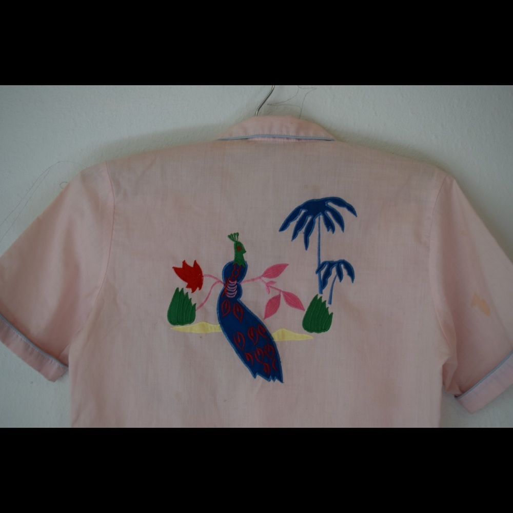 Pink vintage tropical embroidered cotton shirt